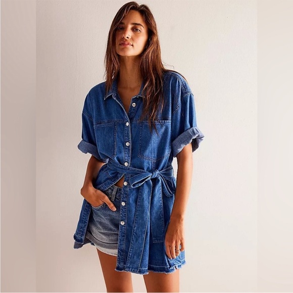 We The Free Tops - Free People Western Bohemian Oversized Jenny Denim Tunic Top Dress Medium Wash M